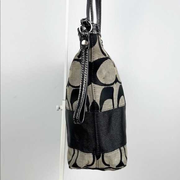 Coach Signature Monogram Stripe Patent Leather Tote Shoulder Bag F13548 - Picture 3 of 16